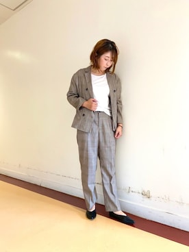 「Chez toi（シェトワ）の【セットアップでも着れる】セット/ミドル丈テーラードジャケット（テーラードジャケット、ブラウン系）」を使った、たかぽんさん（レディース・163cm）の夏コーディネート