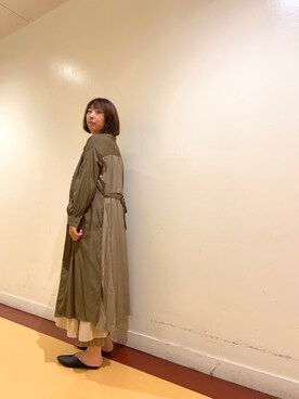 「Chez toi（シェトワ）の【羽織でも使える万能アイテム◎】バックプリーツバンドカラーシャツワンピース（ワンピース、グリーン系）」を使った、たかぽんさん（レディース・163cm）の秋コーディネート