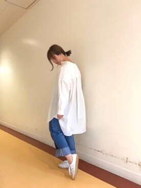 「Lui's（ルイス）のヘンリーネックBigシャツ（シャツ/ブラウス、ホワイト系）」を使った、たかぽんさん（レディース・163cm）の秋コーディネート