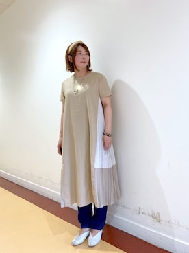 「Chez toi（シェトワ）のサイドプリーツ異素材切替ワンピース（ワンピース、ベージュ系）」を使った、たかぽんさん（レディース・163cm）の春コーディネート