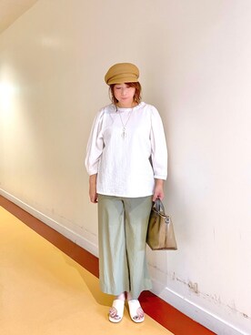 「Chez toi（シェトワ）のウィングショルダーシアサッカーブラウス（シャツ/ブラウス、ホワイト系）」を使った、たかぽんさん（レディース・163cm）の春コーディネート