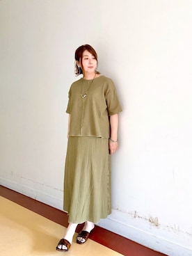 「Chez toi（シェトワ）のメロー楊柳プルオーバー×スカート（ワンピース、グリーン系）」を使った、たかぽんさん（レディース・163cm）の春コーディネート