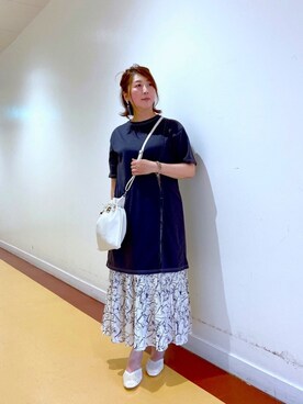 「Chez toi（シェトワ）の配色ステッチサイドスリットチュニックプルオーバー（Tシャツ/カットソー、グレー系）」を使った、たかぽんさん（レディース・163cm）の春コーディネート