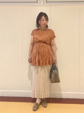 「Chez toi（シェトワ）のワッシャープリーツドロストカットチュニック（Tシャツ/カットソー、オレンジ系）」を使った、たかぽんさん（レディース・163cm）の夏コーディネート