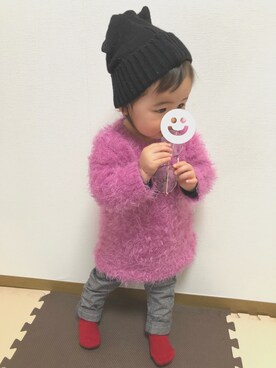 「節分」｜「アイテム（ニットキャップ/ビーニー）」を使った、riiさん（キッズ・70cm）の冬コーディネート