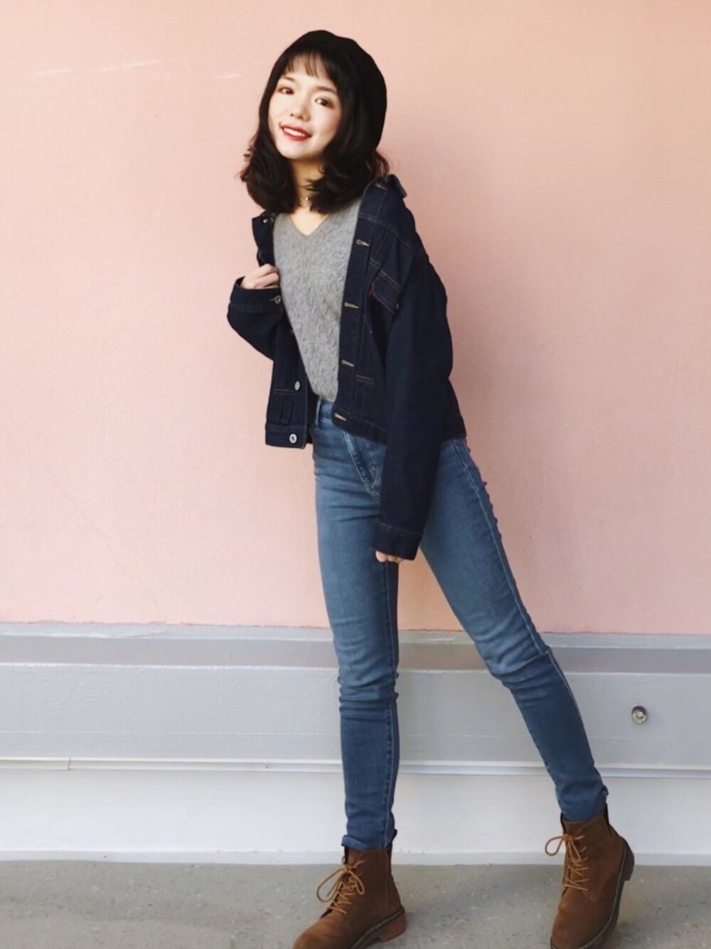 「カジュアル、大人コーデ、低身長、Levis、古着、Samansa Mos2 blue、休日スタイル」｜「Samansa Mos2 blueのストレッチデニムＧジャン（デニムジャケット、ブルー系）」を使った、withchikaさん（レディース・160cm）の冬コーディネートの1枚目の写真