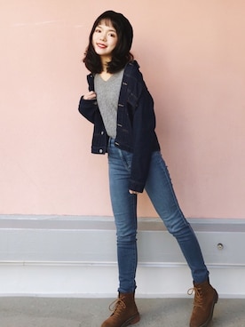 「Samansa Mos2 blue」｜「アイテム（デニムジャケット）」を使った、withchikaさん（レディース・160cm）の冬コーディネート