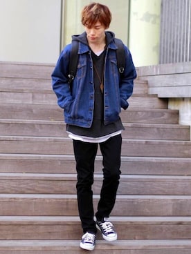 「＃デニム」｜「アイテム（チノパンツ）」を使った、Natoさん（メンズ・178cm）の冬コーディネート