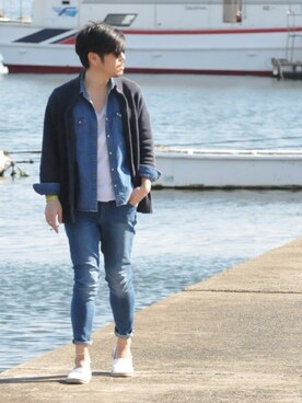 「海」｜「アイテム（その他アウター）」を使った、NOBさん（メンズ・170cm）の春コーディネート