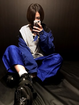 「青×白」｜「アイテム（ブルゾン）」を使った、Hinokageさん（レディース・158cm）の春コーディネート