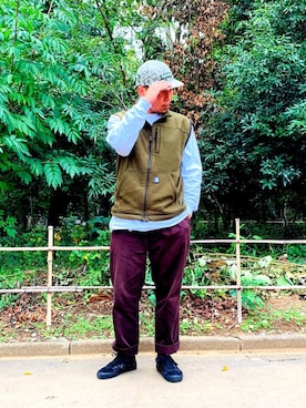 「Supreme （シュプリーム）のアイテム（キャップ、グリーン系）」を使った、ゆうきもーてぃーよこさん（メンズ）の秋コーディネート