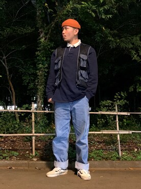 「XLARGE（エクストララージ）のアイテム（ニットキャップ/ビーニー、オレンジ系）」を使った、ゆうきもーてぃーよこさん（メンズ）の秋コーディネート