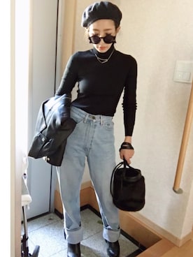 「黒×デニム」｜「アイテム（ジャケット/アウター）」を使った、keiさん（レディース・160cm）の冬コーディネート