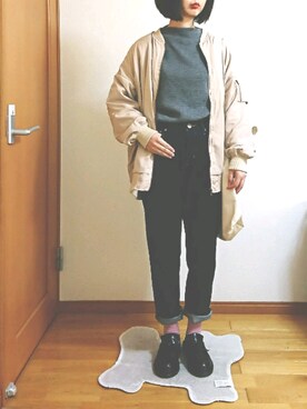 「カラーソックス」｜「アイテム（MA-1）」を使った、ばな奈さん（レディース・157cm）の冬コーディネート