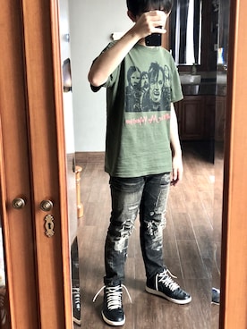 「VINTAGE（ヴィンテージ）のアイテム（Tシャツ/カットソー、グリーン系）」を使った、hitmanbamさん（メンズ・173cm）の冬コーディネート