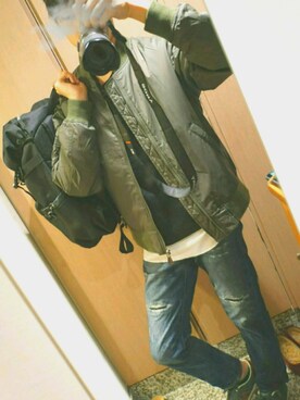 「FILA」｜「アイテム（MA-1）」を使った、hibiさん（メンズ・175cm）の秋コーディネート