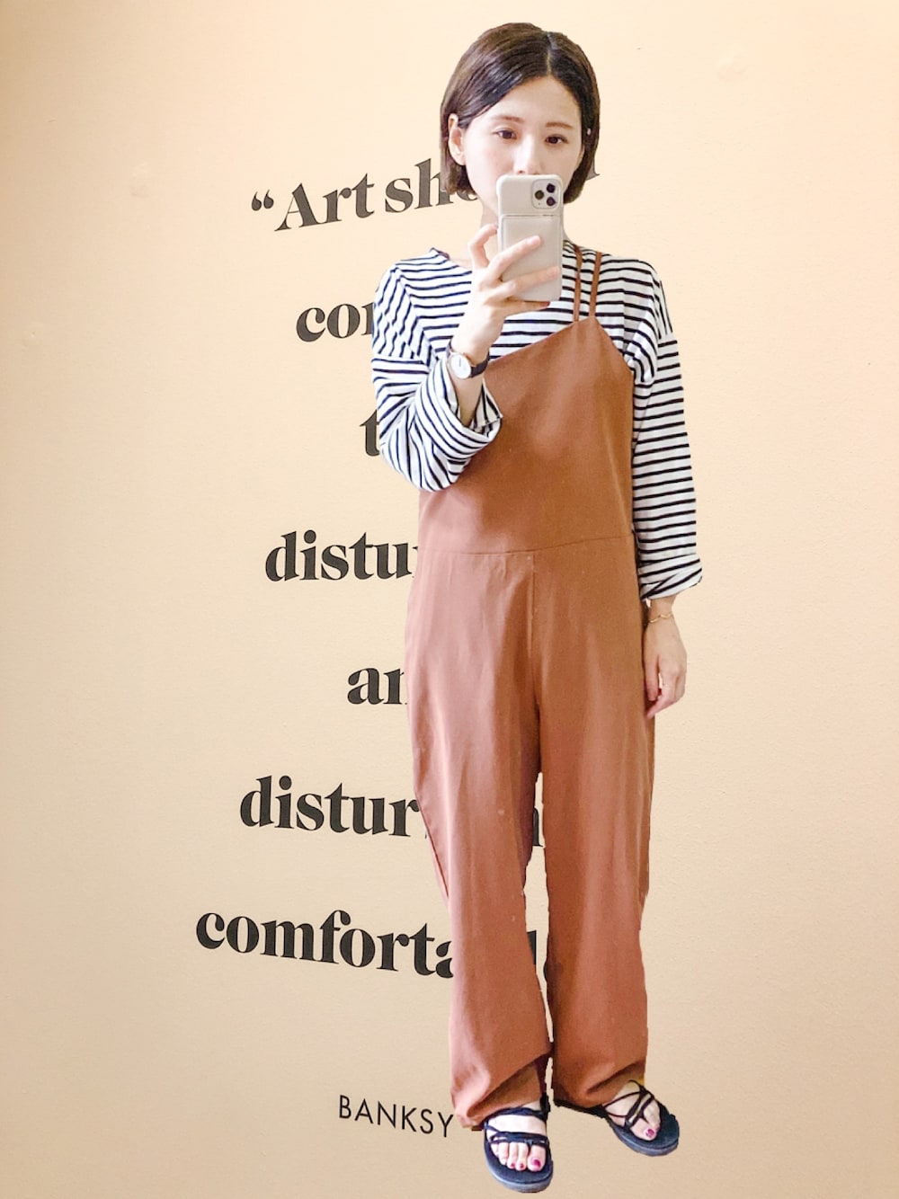 「シンプルコーデ、夏コーデ、カジュアルコーデ、パンツスタイル、オールインワン、ワンショルダー、テラコッタ、おしゃれさんと繋がりたい、いいね、save、フォローお願いします🤑」｜「DHOLICのボーダールーズTシャツ（Tシャツ/カットソー、ブラック系）」を使った、ゆうきさん（レディース・154cm）の夏コーディネートの1枚目の写真