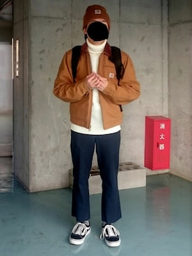 「アイテム（ニットキャップ/ビーニー、ブラウン系）」を使った、Yuukiさん（メンズ・168cm）の冬コーディネート