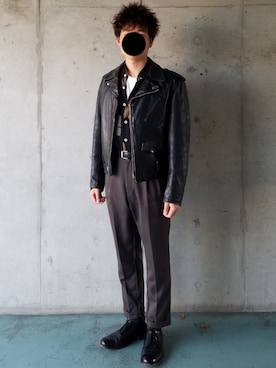 「シャツイン」｜「アイテム（ライダースジャケット）」を使った、Yuukiさん（メンズ・169cm）の冬コーディネート