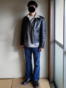 「フレアデニム」｜「アイテム（ライダースジャケット）」を使った、Yuukiさん（メンズ・169cm）の冬コーディネート