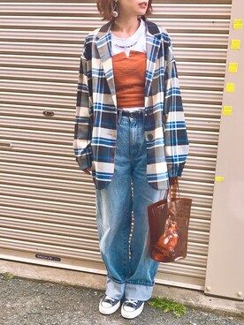 「UNIQLO（ユニクロ）のハイライズワイドストレートジーンズ（デニムパンツ）」を使った、HARUKA.さん（レディース・156cm）の冬コーディネート