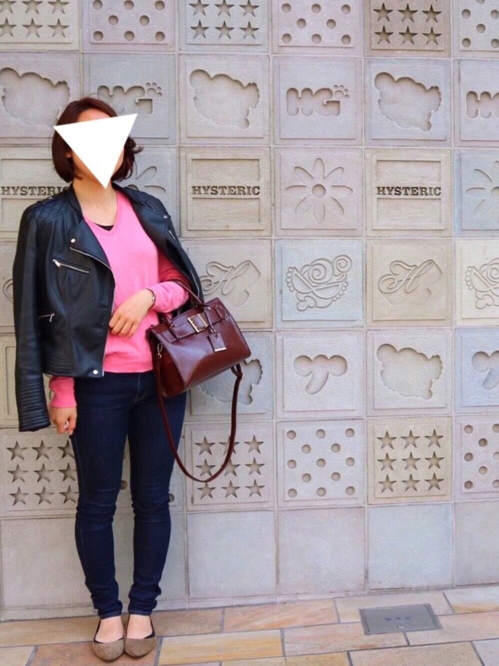 「春コーデ、ユニジョ、ootd、denim、ライダースジャケット、スキニーデニム、カフェ、ZARA、ORiental TRaffic(ORiental TRaffic)」｜「JEANASISのベルトスクエアトート/729849（トートバッグ、ブラウン系）」を使った、___atsuさん（レディース・166cm）の春コーディネートの1枚目の写真