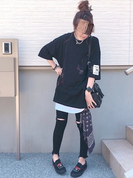 「Moonage Devilment（ムーンエイジデビルメント）のアイテム（その他シューズ）」を使った、𝓡𝓲.さん（レディース・163cm）の夏コーディネート