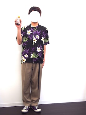 「ALOHA（アロハ）のアイテム」を使った、NaRiさん（メンズ・172cm）の夏コーディネート