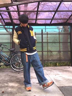 「NEW ERA（ニューエラ）のアイテム（スタジャン）」を使った、ぷちょさん（メンズ・160cm）の冬コーディネート