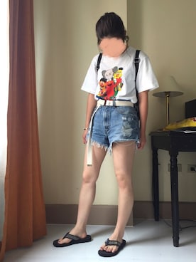 「Guess（ゲス）のアイテム（ビーチサンダル）」を使った、*at*さん（レディース・158cm）の夏コーディネート