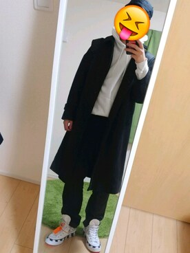 「OFF-WHITE」｜「アイテム（ステンカラーコート）」を使った、にゃんてうさん（メンズ・178cm）の冬コーディネート