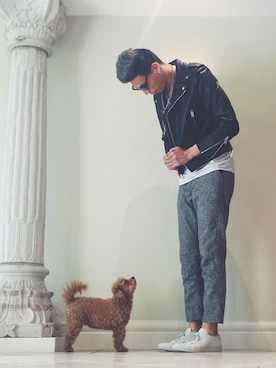 「COMMON PROJECTS（コモンプロジェクト）のアイテム（シューズ）」を使った、Calvin Dallas Zhangさん（メンズ・188cm）の冬コーディネート