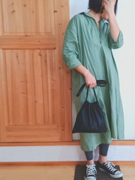 「Green　Parks（グリーンパークス）のボリュ-ムワンピ-ス（ワンピース、グリーン系）」を使った、サボ子さん（レディース・153cm）の春コーディネート