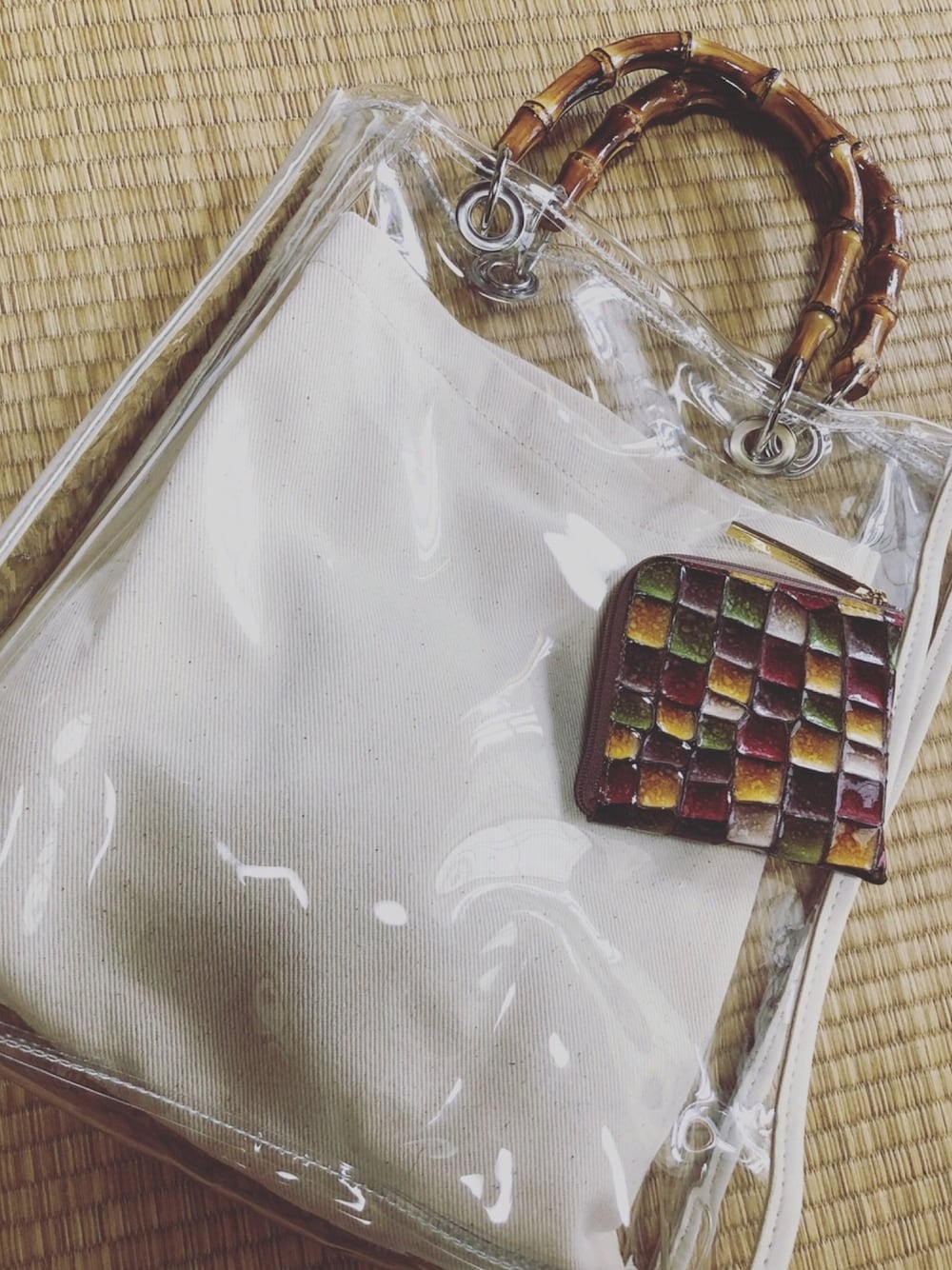 「miniaのバンブークリアバッグ　★ブラウン新登場！　★PVCビニールバッグ×トートバッグSET（トートバッグ、その他）」を使った、ゆかりんさん（レディース・158cm）の夏コーディネートの1枚目の写真