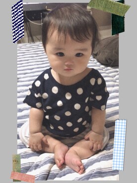 「アイテム（ママ＆ベビー、シルバー系）」を使った、まるこさん（キッズ・70cm）の秋コーディネート