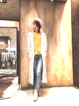 「リメイクデニム」｜「アイテム（ニット/セーター）」を使った、ゆちさん（レディース・160cm）の冬コーディネート