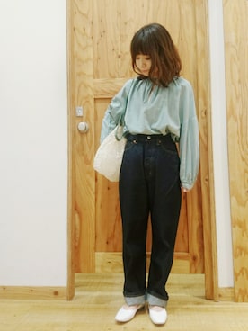 「GLOBAL WORK（グローバルワーク）のコクーンワイドデニム/819864（デニムパンツ）」を使った、kuu---.さん（レディース・147cm）の春コーディネート