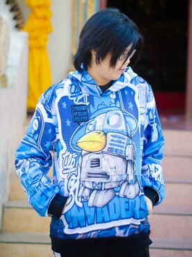 「blue」｜「アイテム（パーカー）」を使った、.Hutchan.さん（レディース・173cm）の冬コーディネート