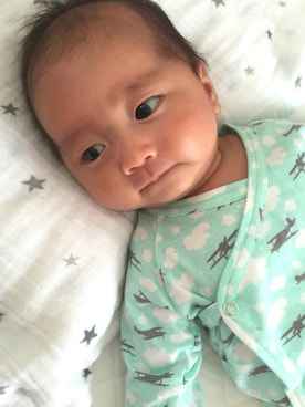 「アイテム（ロンパース、グリーン系）」を使った、Seiさん（キッズ・60cm）の秋コーディネート