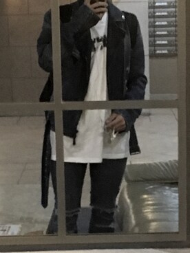 「OFF-WHITE」｜「アイテム（ライダースジャケット）」を使った、¥UKIさん（メンズ・165cm）の冬コーディネート