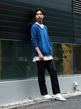 「ホワイトスニーカー」｜「アイテム（スウェット）」を使った、EDIFICE PR/SHINGOさん（メンズ・174cm）の夏コーディネート