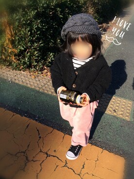 「BRANSHES（ブランシェス）のテレコボーダー長袖Tシャツ（Tシャツ/カットソー）」を使った、chimaさん（キッズ・80cm）の冬コーディネート