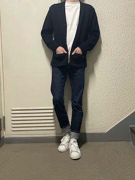 「usedのアイテム（カーディガン/ボレロ、ブラック系）」を使った、Kohsakaさん（メンズ・174cm）の春コーディネート