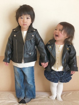 「BRANSHES（ブランシェス）のアイテム（ライダースジャケット）」を使った、megumicchi__さん（キッズ・90cm）の冬コーディネート