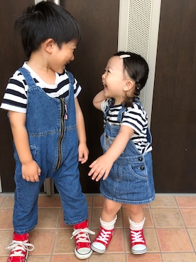 「赤コンバース」｜「アイテム（サロペット/オーバーオール）」を使った、megumicchi__さん（キッズ・90cm）の夏コーディネート