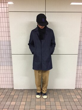 「大阪」｜「アイテム（ステンカラーコート）」を使った、HUMMERさん（メンズ・177cm）の冬コーディネート