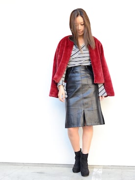 「レザースカート」｜「アイテム（ノーカラージャケット）」を使った、makotoさん（レディース・165cm）の秋コーディネート