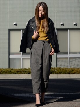 「ラップパンツ」｜「アイテム（ライダースジャケット）」を使った、makotoさん（レディース・165cm）の冬コーディネート