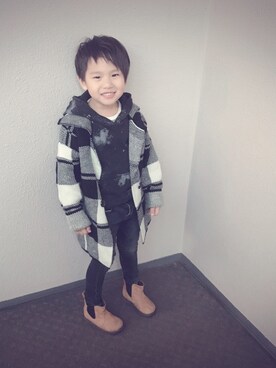 「no brand（ノーブランド）のアイテム（チェスターコート）」を使った、ksさん（キッズ・100cm）の冬コーディネート
