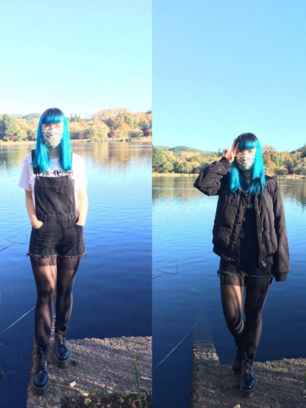 「black、Overalls、doctor martens、Dr.Martens、bluehair、goth、fall、Tights、winter、coat」｜「H&Mのアイテム（つなぎ/オールインワン、ブラック系）」を使った、androgynouskittyさん（レディース・160cm）の秋コーディネートの1枚目の写真